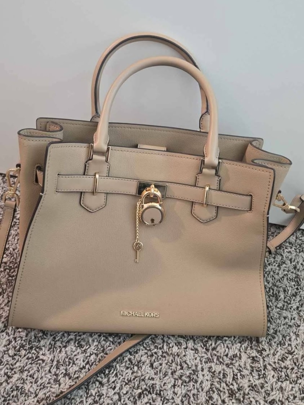 Michael Kors Taupe Leather Satchel with Gold Lock Charm